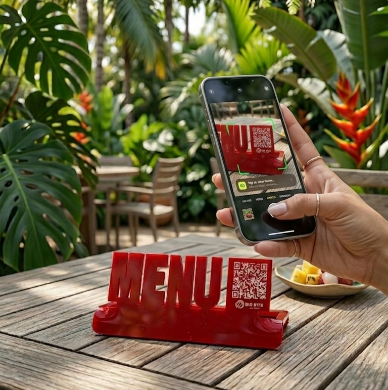 Acrylic QR Menu Display Stand | Waterproof Tabletop QR Sign for Restaurants
