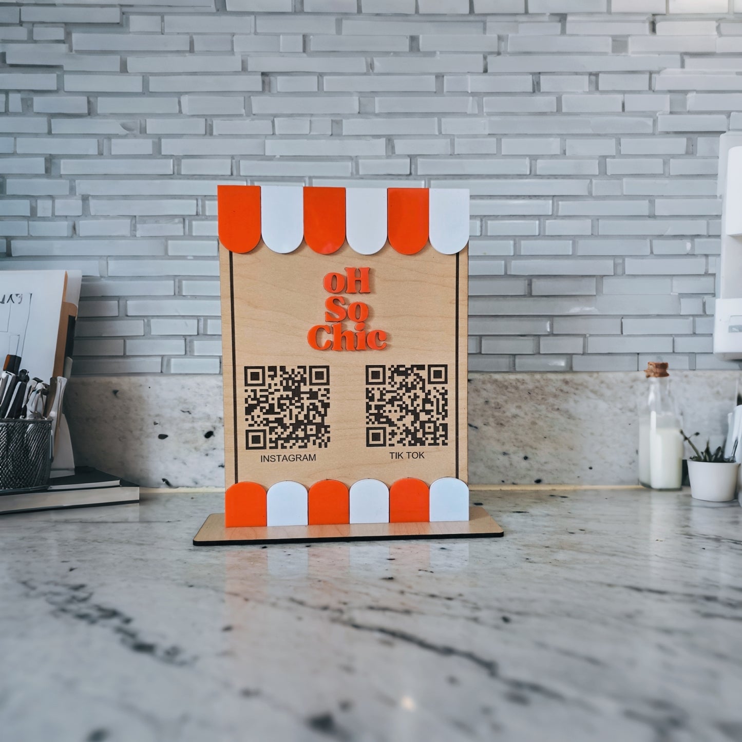 Custom Wood Social Media QR Code Stand | Instagram & TikTok Sign for Small Business | Point-of-Sale Display